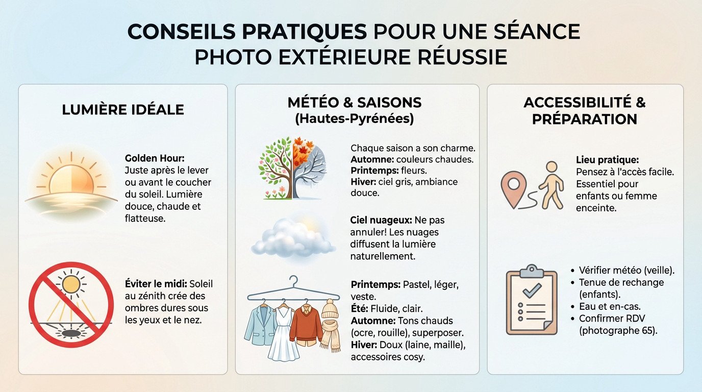 Photographe donnant des conseils pour réussir une séance photo en extérieur