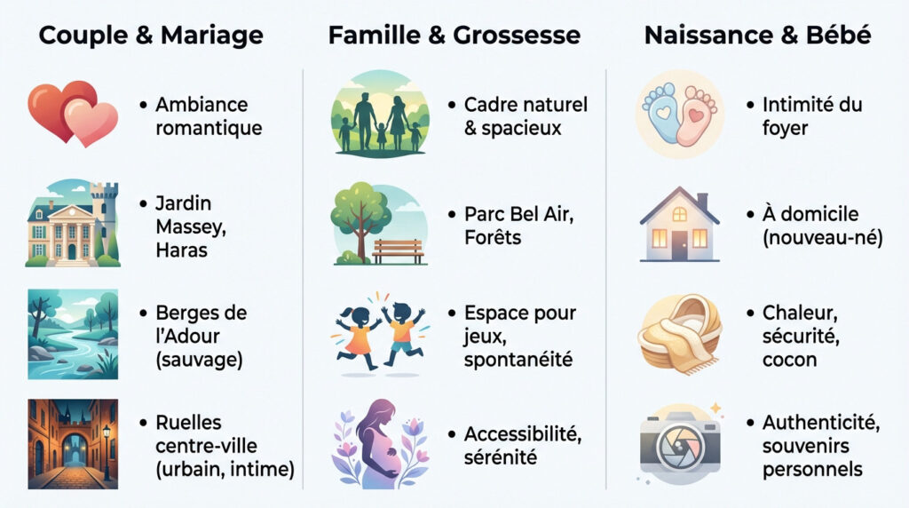Lieux variés pour photos de famille.
