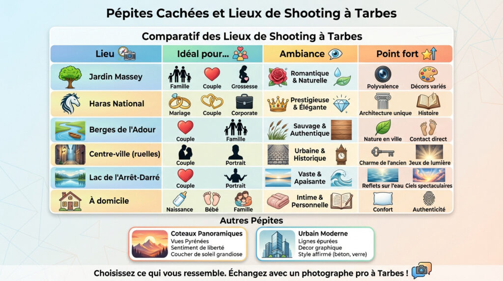 Lieux de shooting à Tarbes comparés