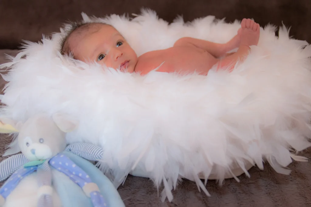 Photo de naissance d’un bébé allongé dans un cocon blanc avec son doudou, réalisée à Orleix par LS Productions photographe naissance