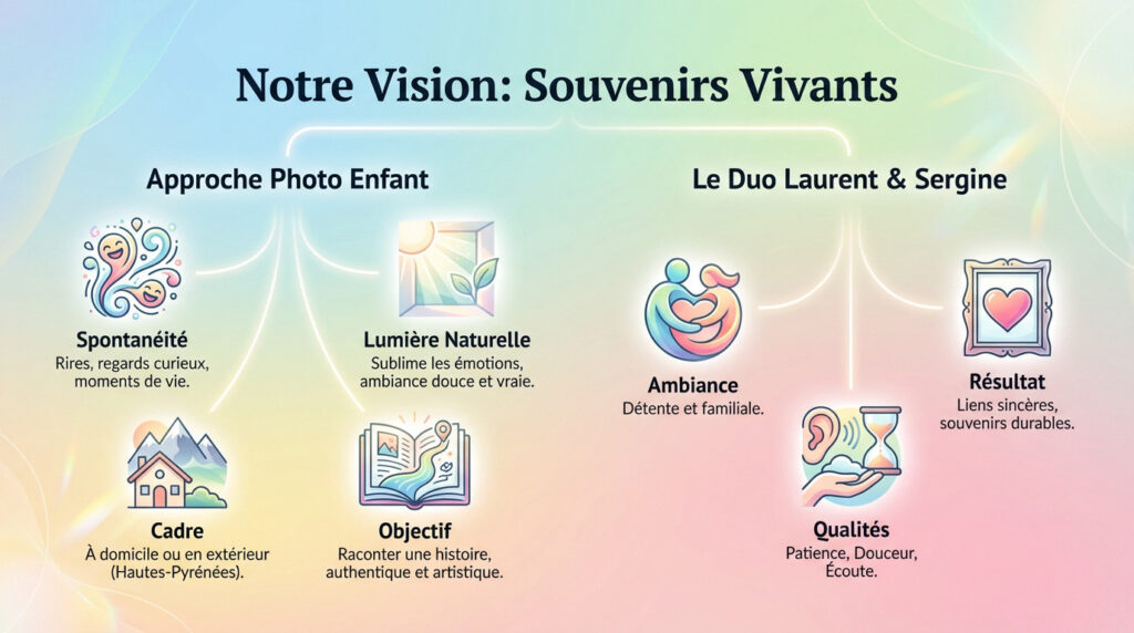 Infographie : notre vision de la photo d’enfant, spontanéité, lumière naturelle et duo Laurent et Sergine