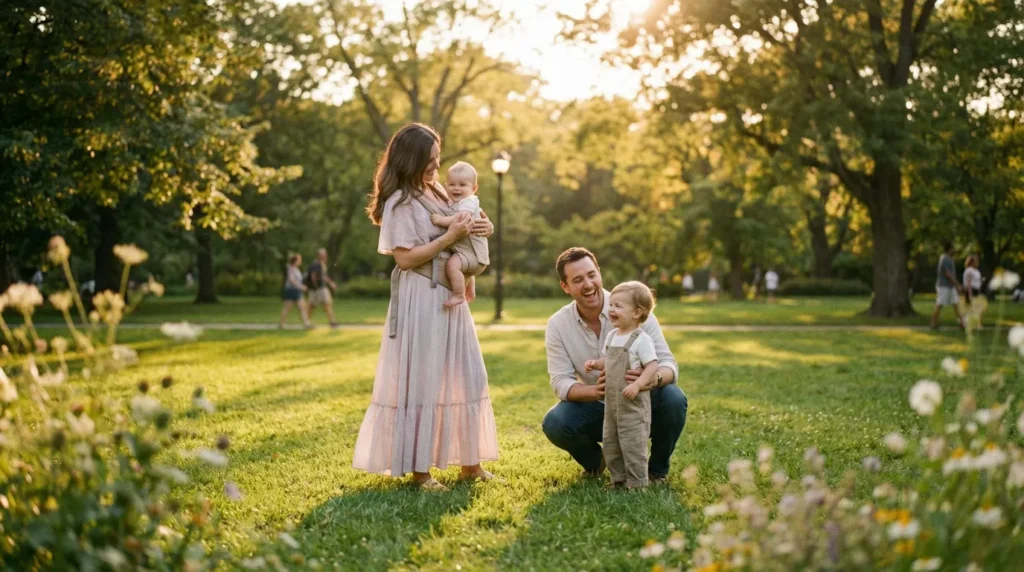 Séance photo bébé et enfant à Tarbes en extérieur, famille profitant d’un moment naturel et spontané