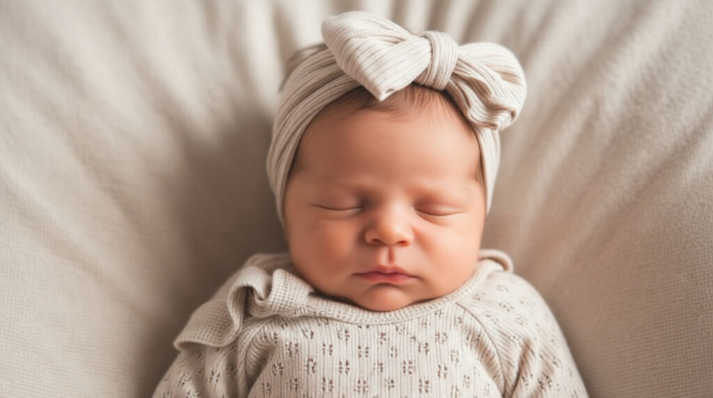 Photo rapprochée d’un nouveau-né endormi portant un bandeau à nœud et un pyjama texturé sur un fond doux.