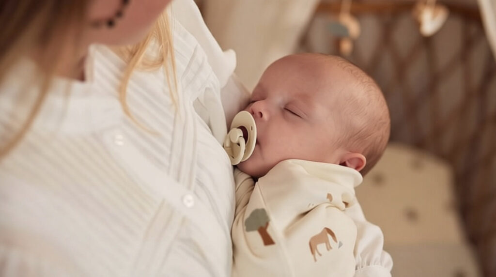 Gros plan sur un nouveau-né endormi avec tétine, vêtu d’un pyjama clair à motifs, tenu par un adulte.