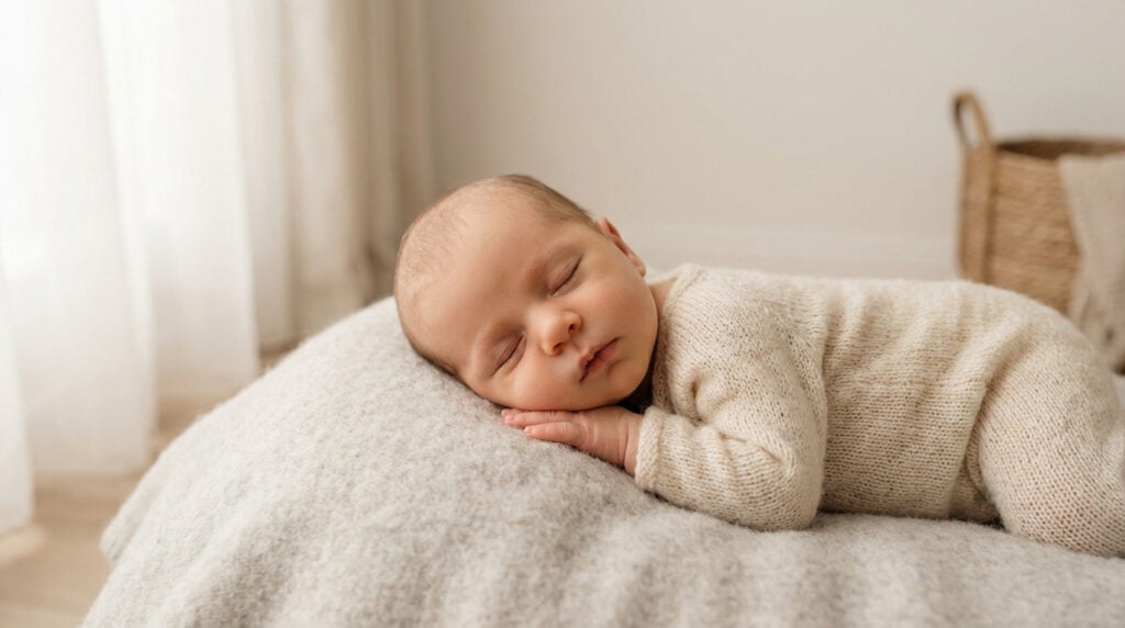 Photo d'un nouveau-né endormi, portant une grenouillère tricotée beige, allongé sur une couverture douce et claire.