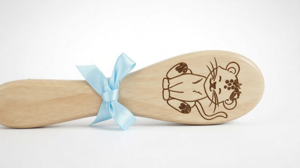 Brosse bébé en bois naturel, ruban bleu ciel, et gravure d’un bébé animal endormi pour photo naissance.