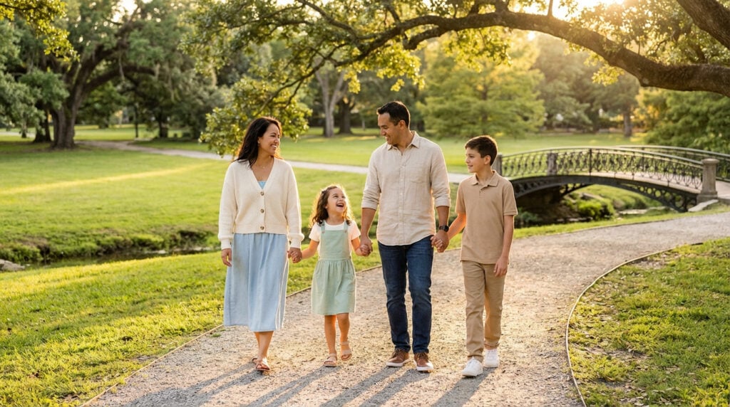 Famille (mère, père, fille, fils) se tenant la main et marchant sur un chemin ensoleillé dans un parc, avec un pont en arrière-plan.