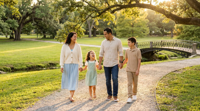 Famille (mère, père, fille, fils) se tenant la main et marchant sur un chemin ensoleillé dans un parc, avec un pont en arrière-plan.