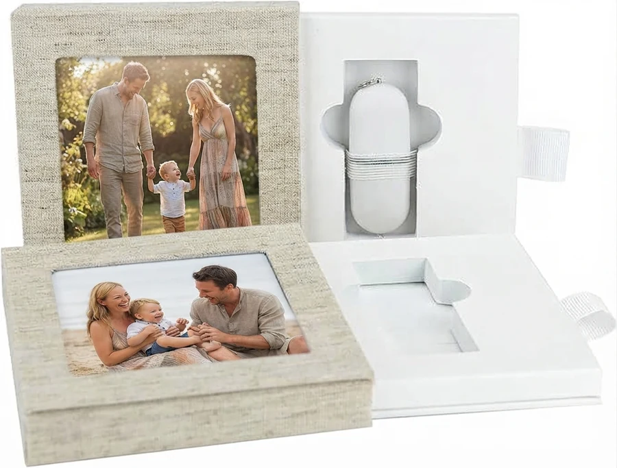 Coffret en lin avec clé USB contenant les photos d’une séance famille dans les Hautes-Pyrénées