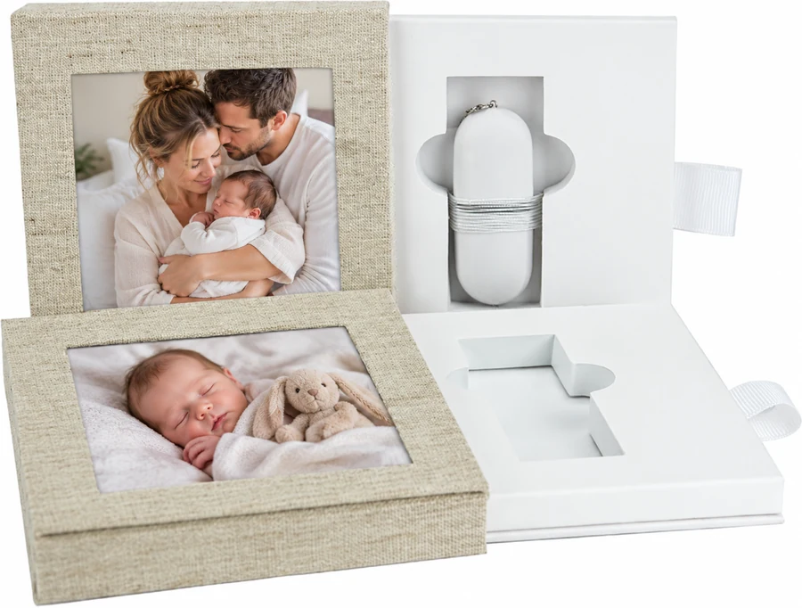 Coffret en lin avec clé USB contenant les photos d’une séance naissance dans les Hautes-Pyrénées