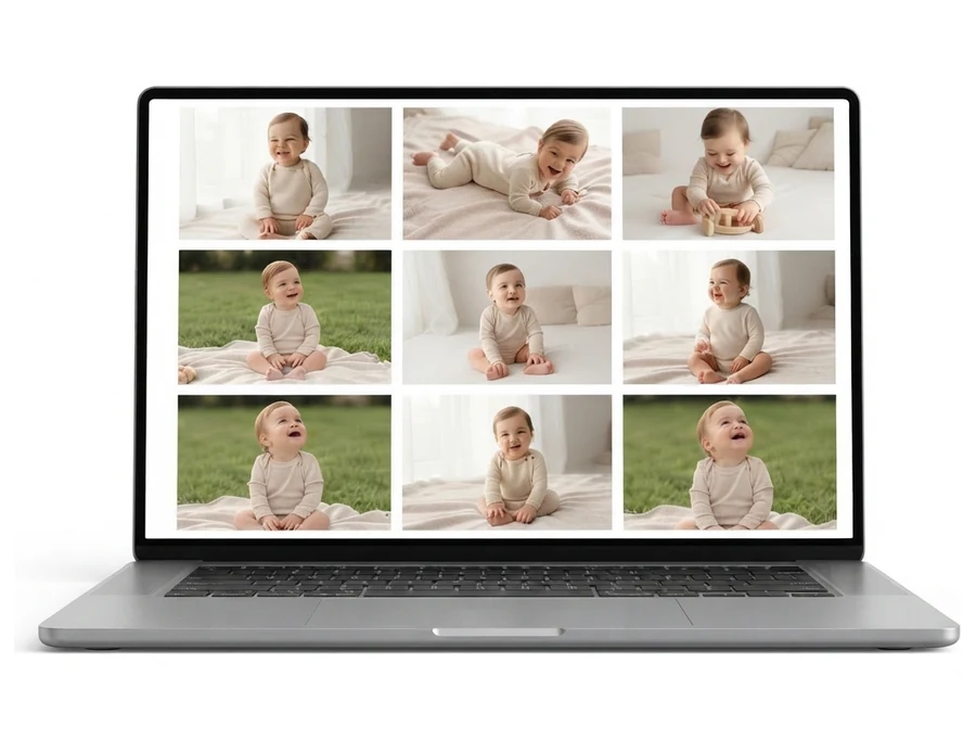 Galerie de photos d’une séance bébé affichée à l’écran, disponible en téléchargement