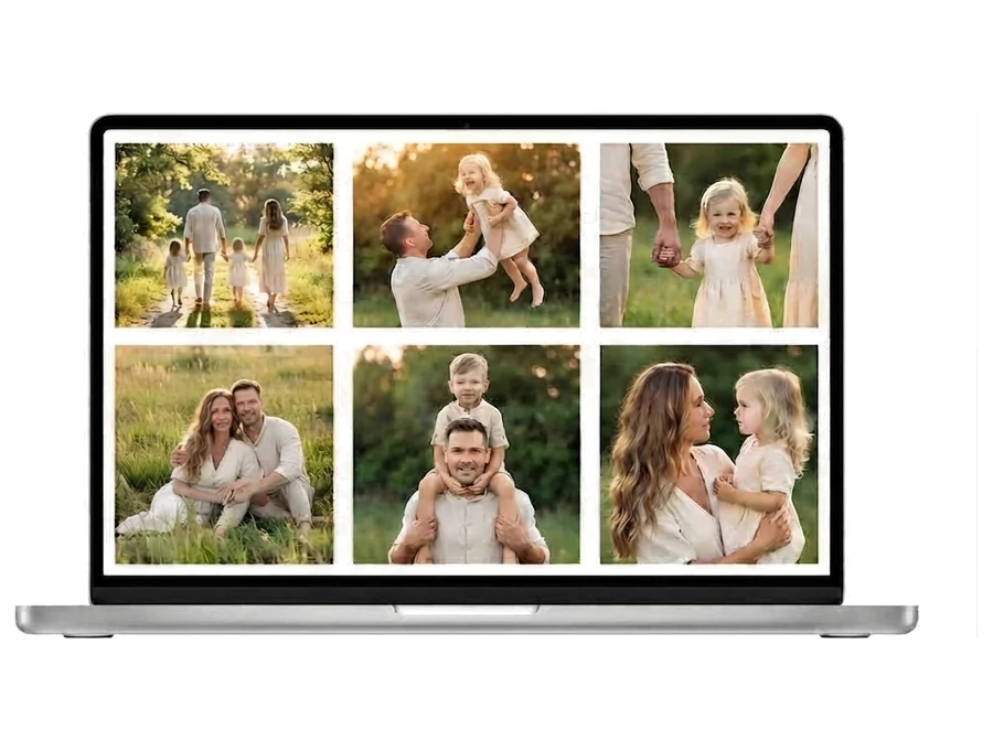 Galerie de photos d’une séance famille affichée à l’écran, disponible en téléchargement