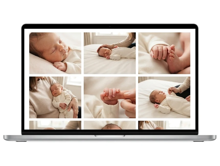 Galerie de photos d’une séance naissance affichée à l’écran, disponible en téléchargement
