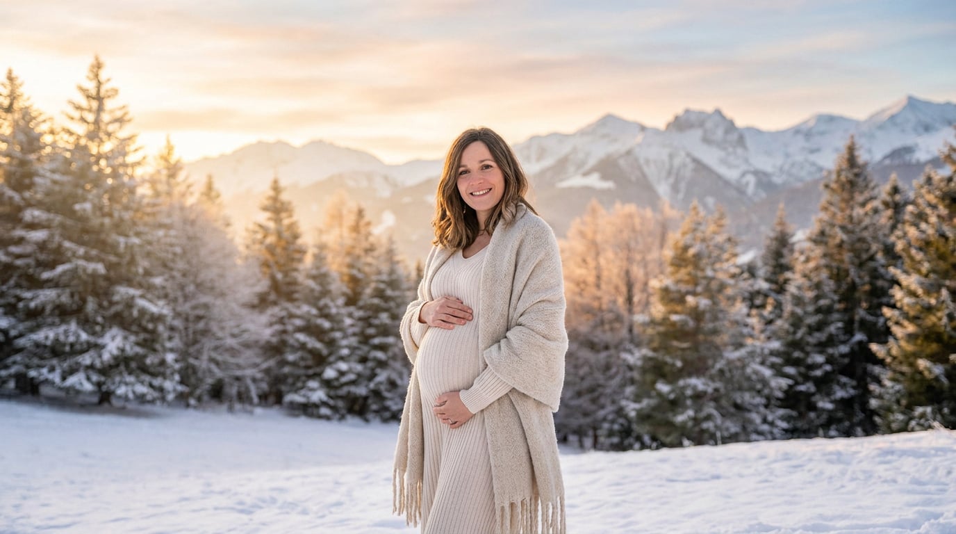 Photo grossesse hiver, future maman dans un paysage enneigé des Hautes-Pyrénées
