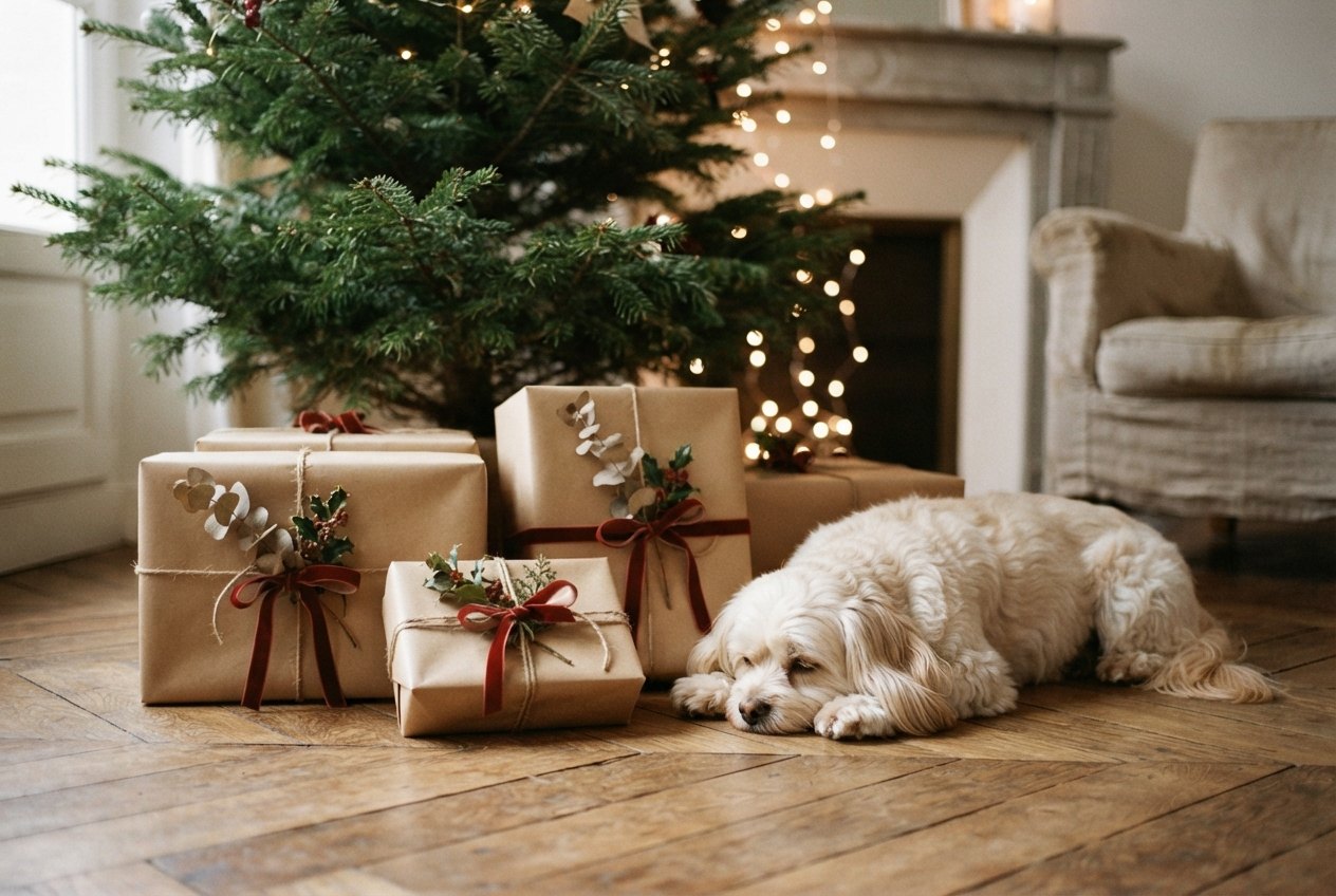 Cadeaux au pied du sapin et chien endormi Cadeaux emballés en papier kraft au pied d’un sapin, petit chien blanc endormi sur le parquet