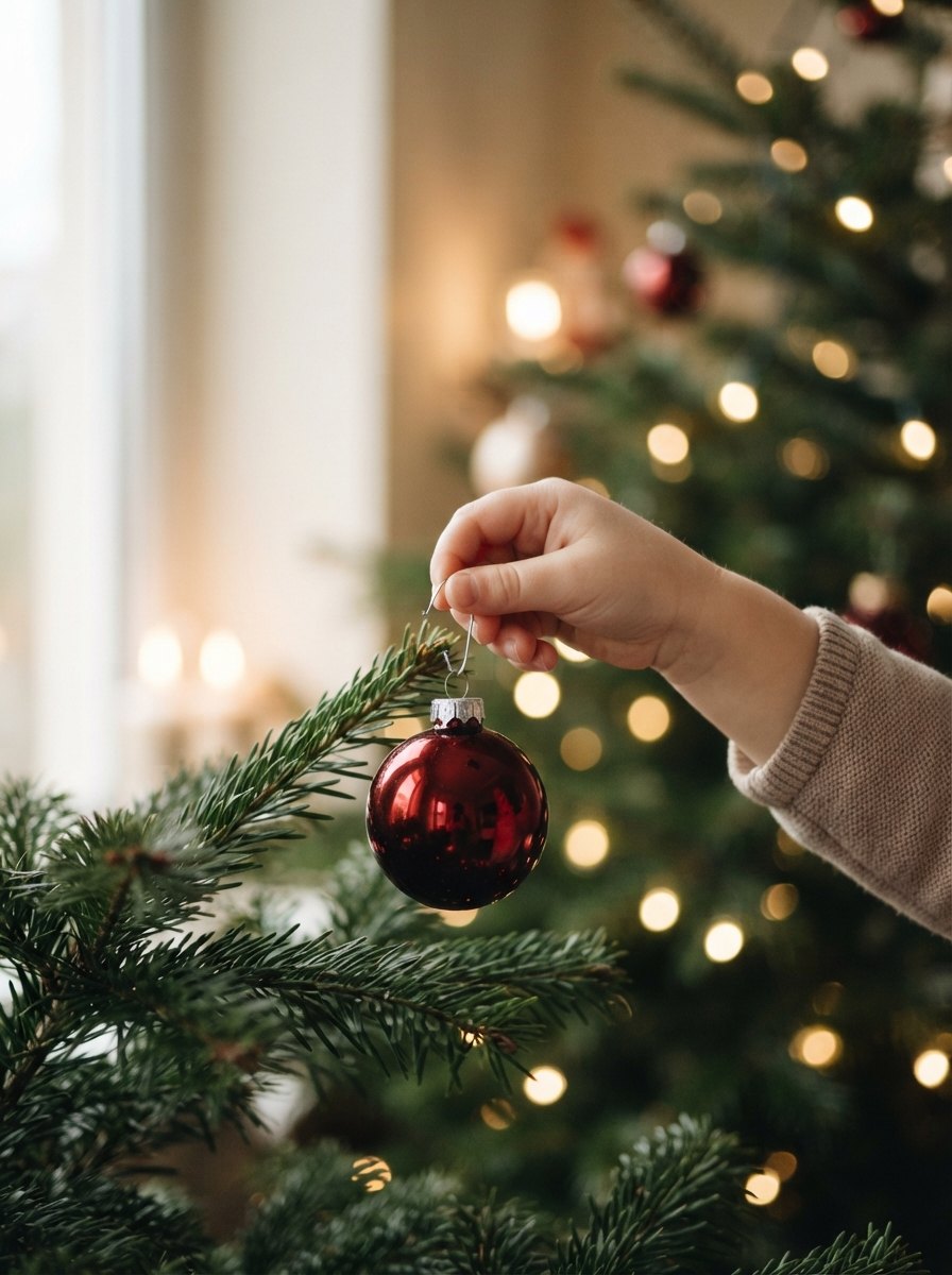 Enfant qui accroche une boule au sapin Main d’enfant accrochant une boule rouge au sapin de Noël, guirlandes lumineuses en arrière-plan