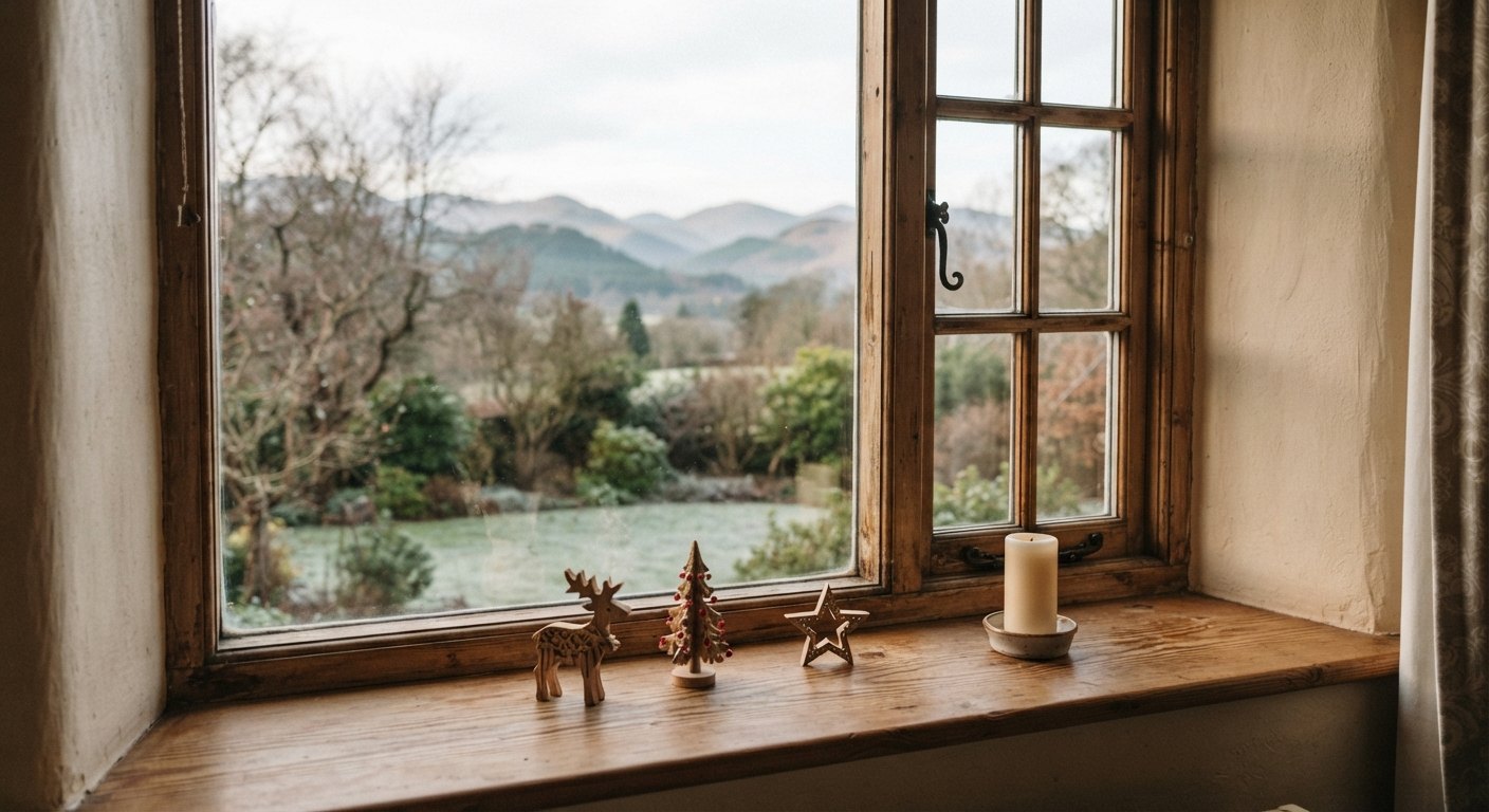 Fenêtre décorée pour Noël avec vue sur les montagnes Rebord de fenêtre en bois avec trois décorations de Noël et une bougie, vue sur un jardin givré et les montagnes