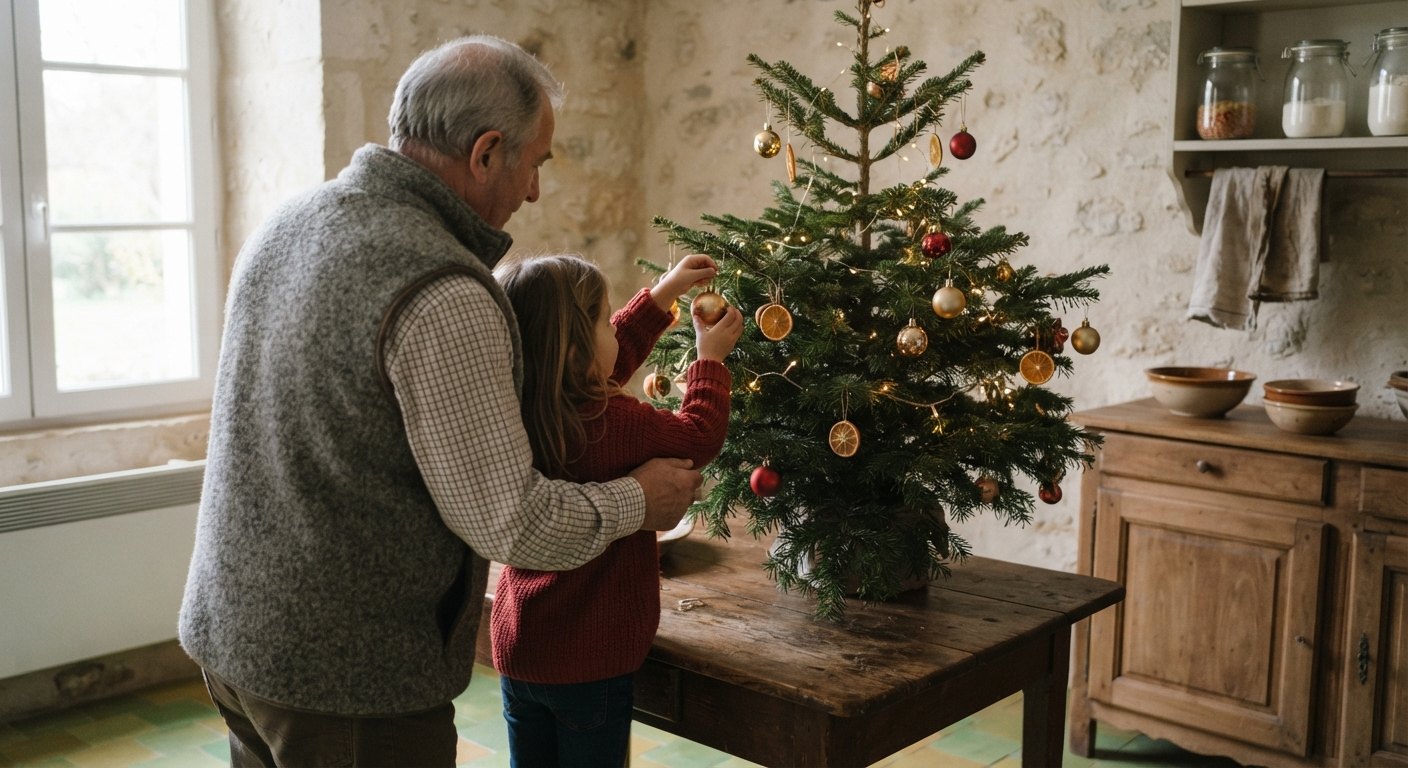 Grand-père et petite-fille décorant le sapin Grand-père et petite-fille décorant ensemble un petit sapin posé sur une table, dans une cuisine aux murs en pierre