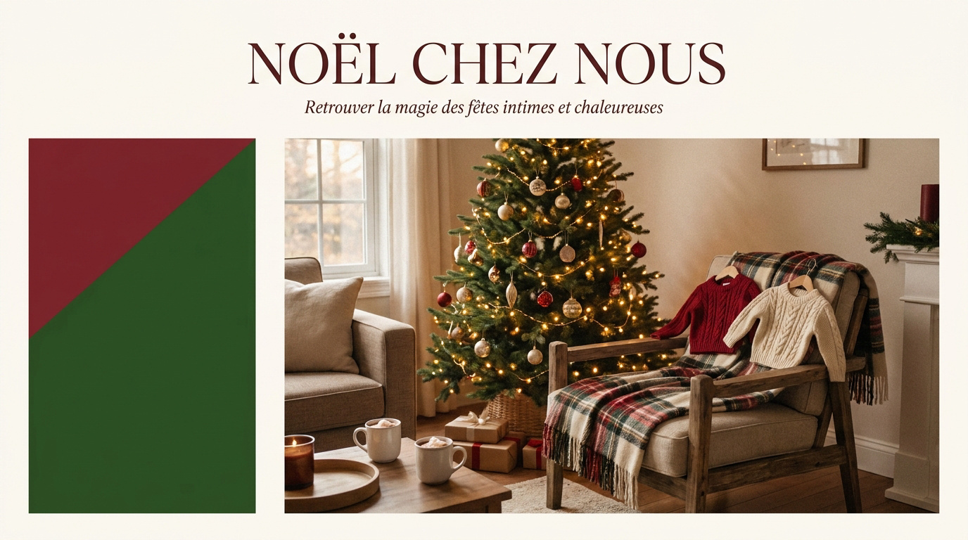 Salon décoré pour Noël : sapin illuminé, plaid écossais et deux pulls d’enfant posés sur un fauteuil