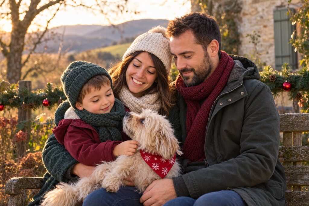 Photo de famille de Noël : parents et petit garçon sur un banc de jardin en hiver, serrant leur chien au bandana rouge