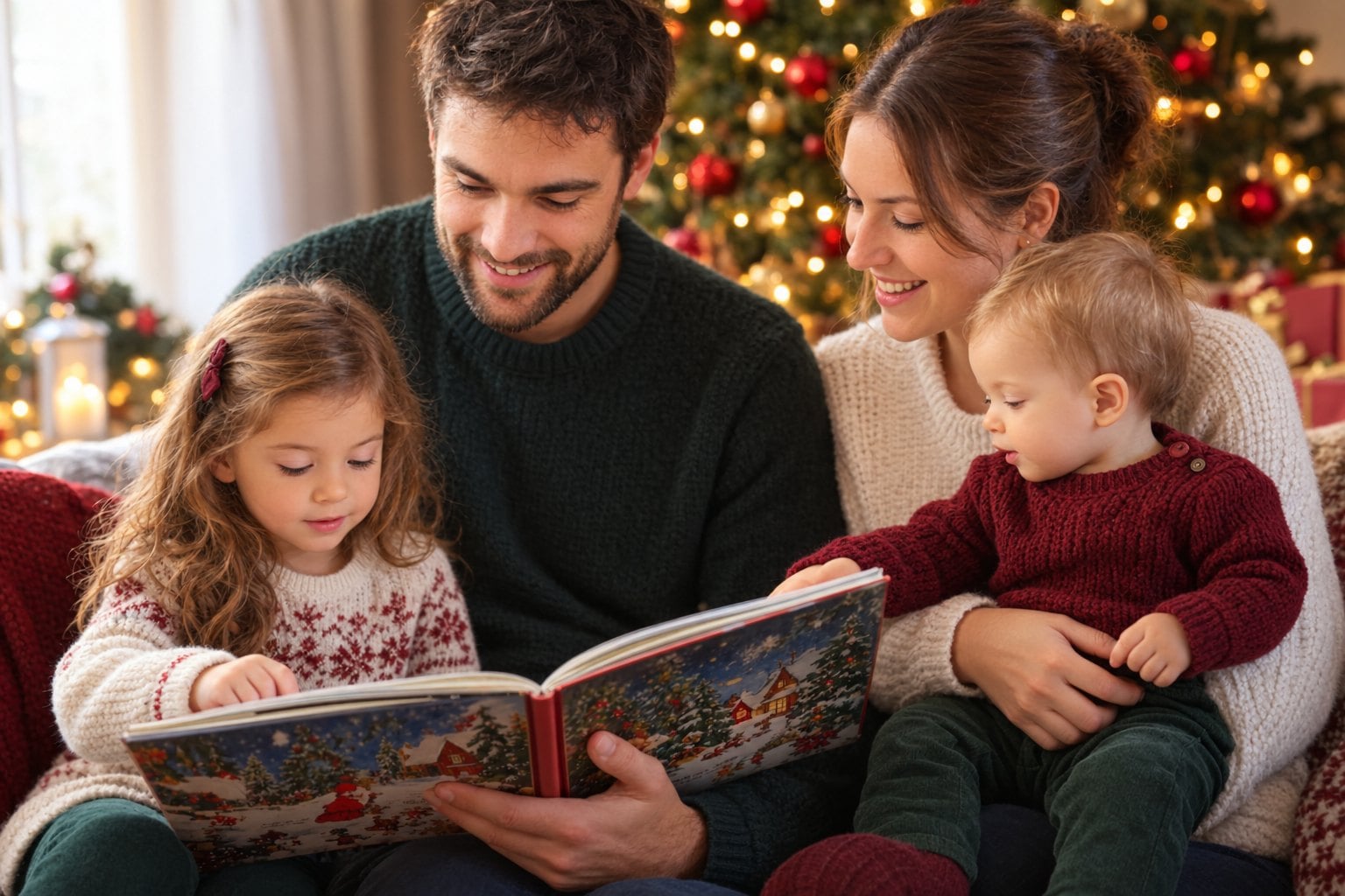 Parents et deux jeunes enfants lisant un album de Noël sur le canapé, devant un sapin illuminé